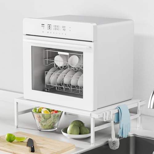 MIYOKI 食洗機ラック キッチン 棚 シンク上 収納 水槽 ラック 幅伸縮W38~60×D46×H17cm 食洗機台 置き台 フック アジャスター付き 耐荷重約60kg 頑丈 食器洗い機 小型 家電 段差対応 省スペース 組立簡単 (ホワイト, ラージ)